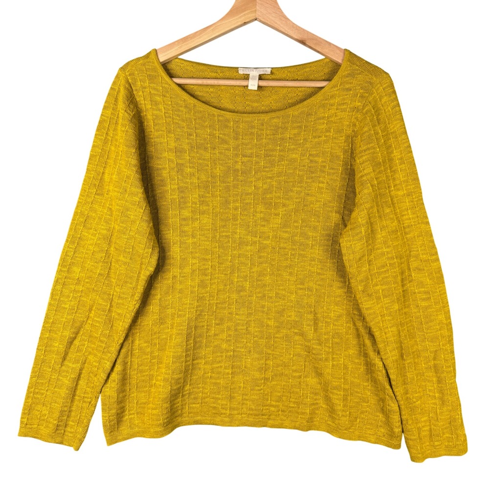 Eileen Fisher Organic Linen Cotton Boxy Knit Sweater Mustard Yellow Medium